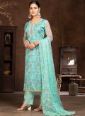 Aqua Blue Palazzo Suit in Organza with Embroidered - 1
