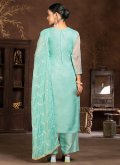 Aqua Blue Palazzo Suit in Organza with Embroidered - 2