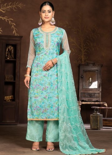 Aqua Blue Palazzo Suit in Organza with Embroidered