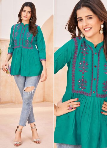 Aqua Blue Party Wear Kurti in Rayon with Embroider