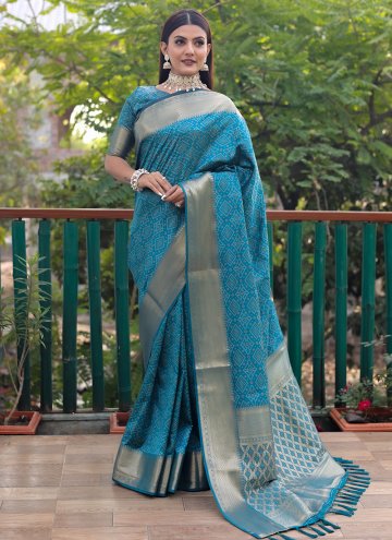 Aqua Blue Patola Silk Woven Contemporary Saree for Engagement