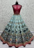 Aqua Blue Pure Silk Embroidered Designer Lehenga Choli for Engagement - 1
