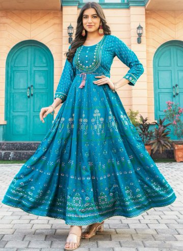 Aqua Blue Rayon Embroidered Readymade Designer Gown for Festival