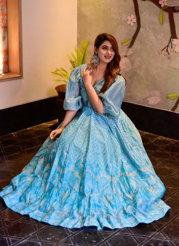 Aqua Blue Readymade Designer Gown in Muslin with Digital Print