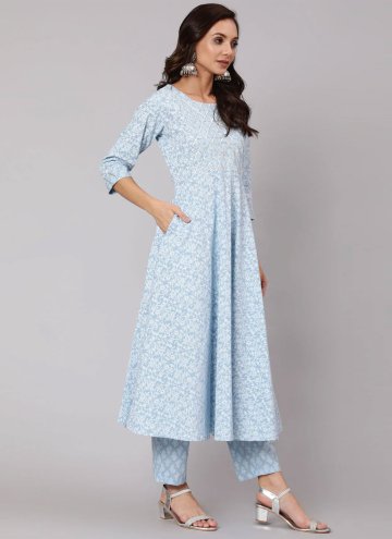Aqua Blue Salwar Suit in Cotton  with Printed