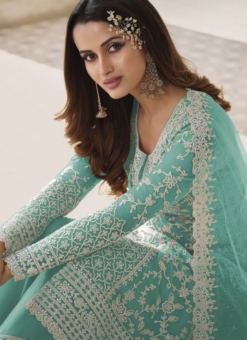 Aqua Blue Salwar Suit in Net with Embroidered