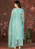 Aqua Blue Salwar Suit in Organza with Embroidered - 1