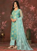 Aqua Blue Salwar Suit in Organza with Embroidered - 2