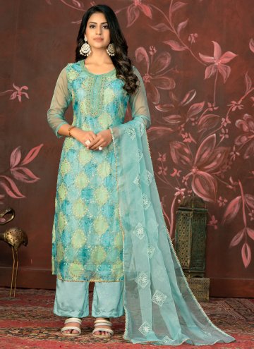 Aqua Blue Salwar Suit in Organza with Embroidered