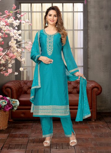 Aqua Blue Salwar Suit in Silk with Embroidered