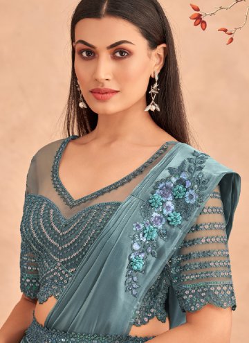 Aqua Blue Silk Embroidered Designer Saree for Engagement