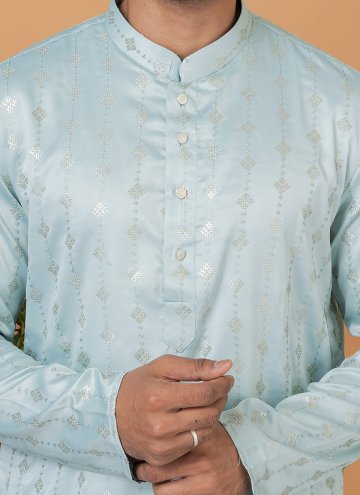 Aqua Blue Silk Embroidered Kurta Pyjama