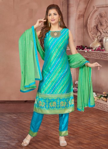 Aqua Blue Silk Embroidered Salwar Suit