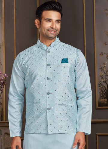 Aqua Blue Silk Mirror Work Nehru Jackets for Ceremonial