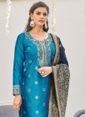 Aqua Blue Straight Salwar Suit in Banarasi with Woven - 2