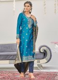 Aqua Blue Straight Salwar Suit in Banarasi with Woven - 3