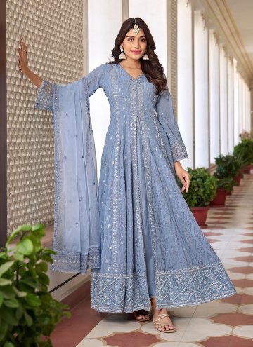 Aqua Blue Trendy Salwar Kameez in Faux Georgette with Embroidered