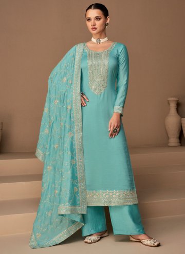 Aqua Blue Trendy Salwar Kameez in Silk with Embroi