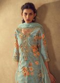 Aqua Blue Trendy Salwar Suit in Silk Blend with Embroidered - 1