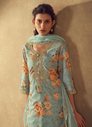 Aqua Blue Trendy Salwar Suit in Silk Blend with Embroidered
