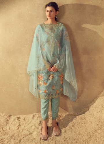 Aqua Blue Trendy Salwar Suit in Silk Blend with Em