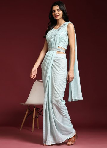 Aqua Blue Trendy Saree in Shimmer with Embroidered