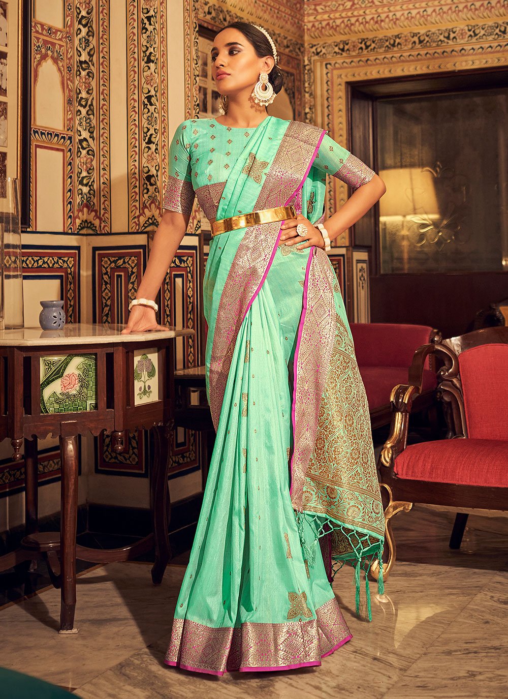 Aqua Blue Tussar Silk Woven Classic Designer Saree for Ceremonial