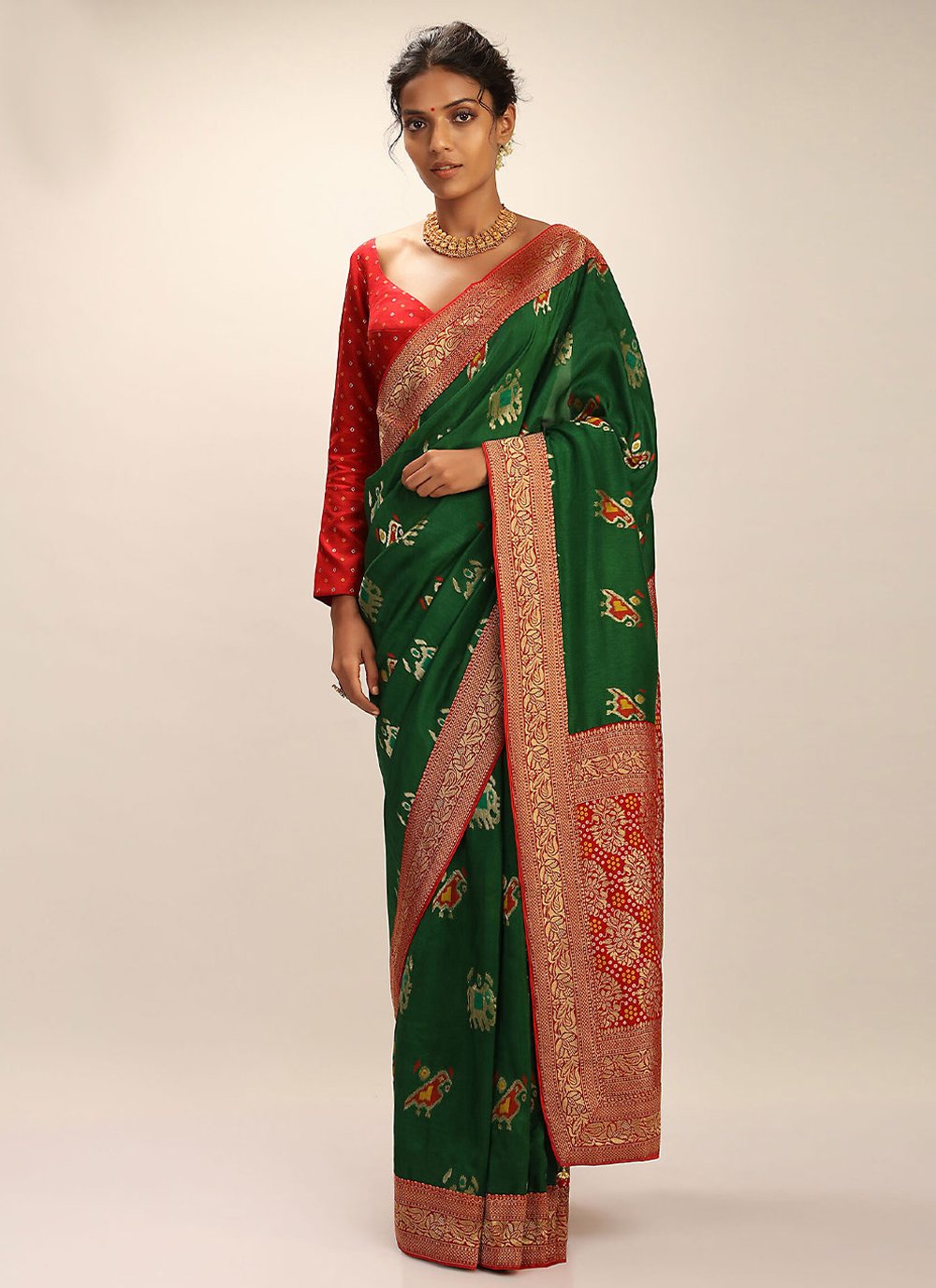 Art Banarasi Silk Contemporary Saree in Green Enhanced with Woven