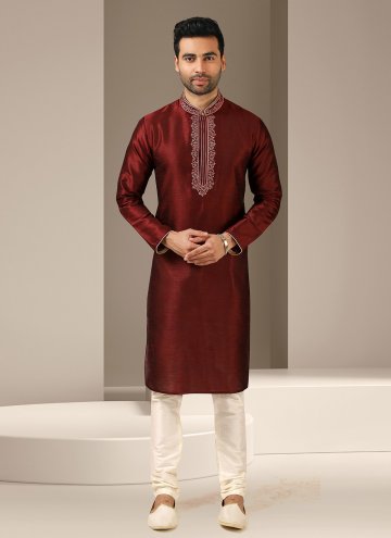 Art Banarasi Silk Kurta Pyjama in Maroon Enhanced with Embroidered