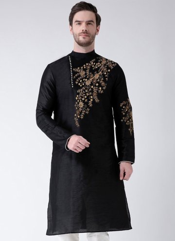 Art Dupion Silk Angarkha in Black Enhanced with Embroidered