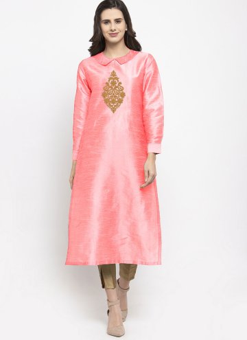 Art Dupion Silk Designer Kurti in Rose Pink Enhanced with Embroidered