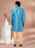 Art Dupion Silk Indo Western in Cream and Turquoise Enhanced with Foil Print - 3