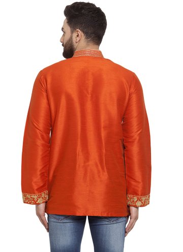 Art Dupion Silk Kurta in Orange Enhanced with Embroidered