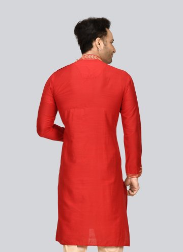 Art Dupion Silk Kurta in Red Enhanced with Embroidered