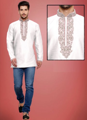 Art Dupion Silk Kurta in White Enhanced with Embroidered