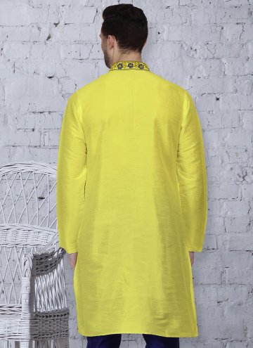 Art Dupion Silk Kurta in Yellow Enhanced with Embroidered