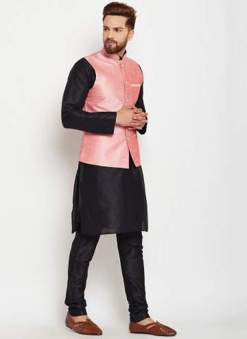 Art Dupion Silk Kurta Payjama With Jacket in Black and Pink Enhanced with Fancy work