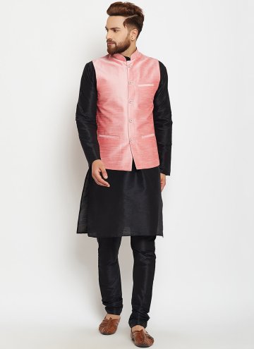 Art Dupion Silk Kurta Payjama With Jacket in Black and Pink Enhanced with Fancy work