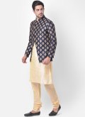 Art Dupion Silk Kurta Payjama With Jacket in Cream and Navy Blue Enhanced with Fancy work - 1