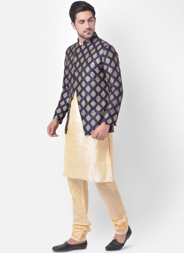 Art Dupion Silk Kurta Payjama With Jacket in Cream and Navy Blue Enhanced with Fancy work