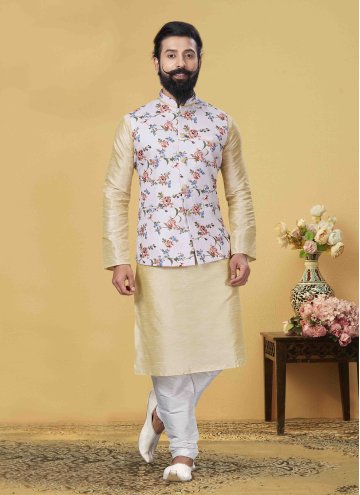 Art Dupion Silk Kurta Payjama With Jacket in Cream Enhanced with Print