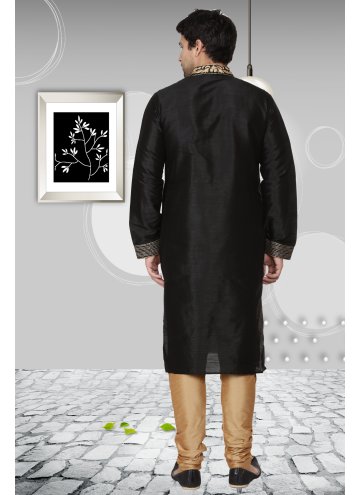 Art Dupion Silk Kurta Pyjama in Black Enhanced with Embroidered