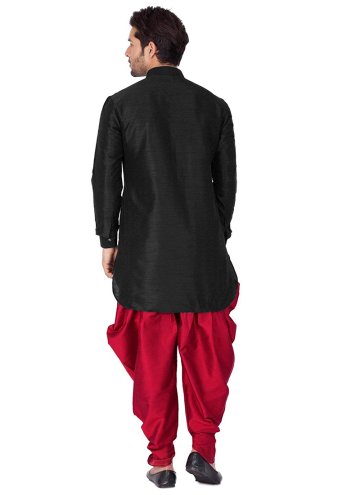 Art Dupion Silk Kurta Pyjama in Black Enhanced with Plain Work