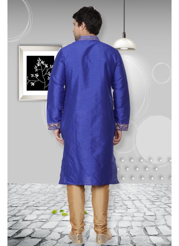 Art Dupion Silk Kurta Pyjama in Blue Enhanced with Embroidered