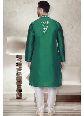 Art Dupion Silk Kurta Pyjama in Green Enhanced with Embroidered