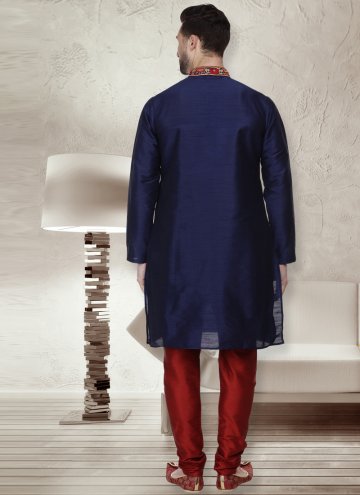 Art Dupion Silk Kurta Pyjama in Navy Blue Enhanced with Embroidered