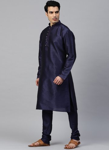 Art Dupion Silk Kurta Pyjama in Navy Blue Enhanced with Plain Work
