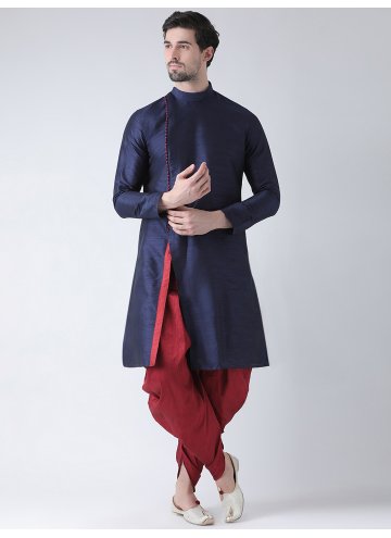 Art Dupion Silk Kurta Pyjama in Navy Blue Enhanced