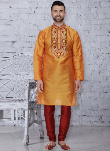 Art Dupion Silk Kurta Pyjama in Orange Enhanced wi