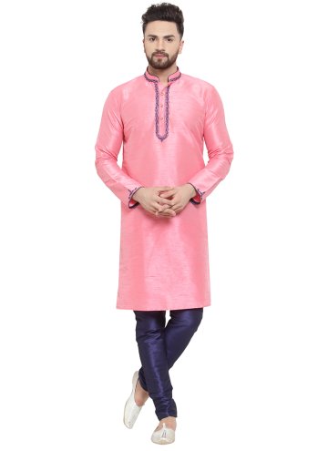 Art Dupion Silk Kurta Pyjama in Pink Enhanced with Embroidered